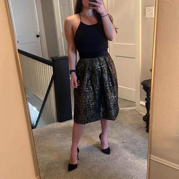 Julien Paris High Waisted Gold and Black Metallic Midi Skirt Velvet Band Size 2 - Picture 1 of 7